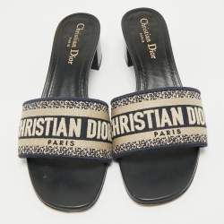 Dior Navy Blue Embroidered Canvas Dway Slide Sandals Size 38.5