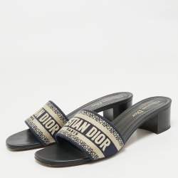 Dior Navy Blue Embroidered Canvas Dway Slide Sandals Size 38.5