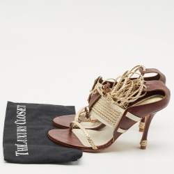 Pre Owned Dior Olive Brown/Gold Leather and Fabric Ankle Tie Sandals Size 37