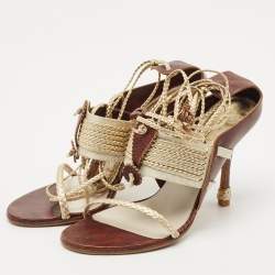 Pre Owned Dior Olive Brown/Gold Leather and Fabric Ankle Tie Sandals Size 37