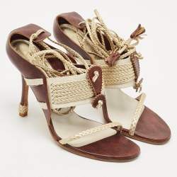 Pre Owned Dior Olive Brown/Gold Leather and Fabric Ankle Tie Sandals Size 37