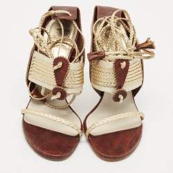 Pre Owned Dior Olive Brown/Gold Leather and Fabric Ankle Tie Sandals Size 37