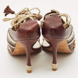Pre Owned Dior Olive Brown/Gold Leather and Fabric Ankle Tie Sandals Size 37