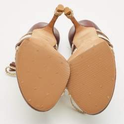 Pre Owned Dior Olive Brown/Gold Leather and Fabric Ankle Tie Sandals Size 37