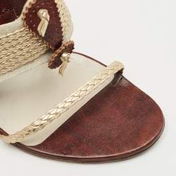 Pre Owned Dior Olive Brown/Gold Leather and Fabric Ankle Tie Sandals Size 37