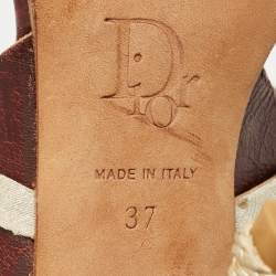 Pre Owned Dior Olive Brown/Gold Leather and Fabric Ankle Tie Sandals Size 37