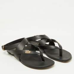 Pre Owned Dior Black Leather Strappy Dior Up Flat Thong Sandals Size 38