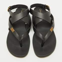 Pre Owned Dior Black Leather Strappy Dior Up Flat Thong Sandals Size 38