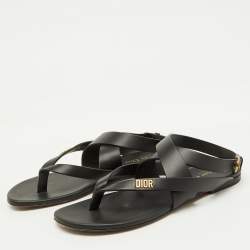 Pre Owned Dior Black Leather Strappy Dior Up Flat Thong Sandals Size 38