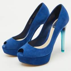 Pre Owned Dior Blue Suede Miss Dior Peep Toe Platform Pumps Size 35.5