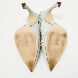 Pre Owned Dior Blue Canvas Crystal Embellished Slingback Pumps Size 38.5