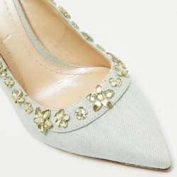 Pre Owned Dior Blue Canvas Crystal Embellished Slingback Pumps Size 38.5