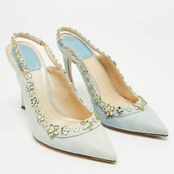 Pre Owned Dior Blue Canvas Crystal Embellished Slingback Pumps Size 38.5
