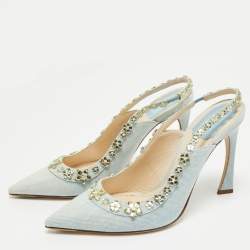 Pre Owned Dior Blue Canvas Crystal Embellished Slingback Pumps Size 38.5