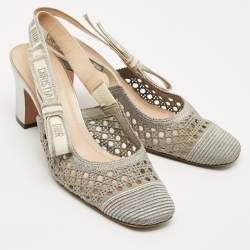 Pre Owned Dior Silver Fabric and Leather Moi Block Heel Slingback Sandals Size 39.5