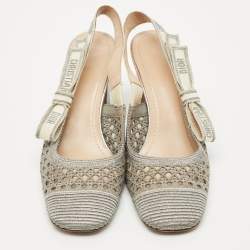 Pre Owned Dior Silver Fabric and Leather Moi Block Heel Slingback Sandals Size 39.5