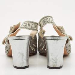 Pre Owned Dior Silver Fabric and Leather Moi Block Heel Slingback Sandals Size 39.5