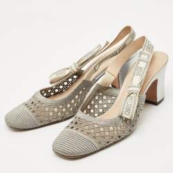 Pre Owned Dior Silver Fabric and Leather Moi Block Heel Slingback Sandals Size 39.5