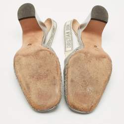 Pre Owned Dior Silver Fabric and Leather Moi Block Heel Slingback Sandals Size 39.5