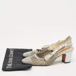 Pre Owned Dior Silver Fabric and Leather Moi Block Heel Slingback Sandals Size 39.5