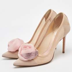 Pre Owned Dior Light Pink Fabric Garden Flower Crystal Embellished Pointed Toe Pumps Size 36