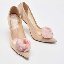 Pre Owned Dior Light Pink Fabric Garden Flower Crystal Embellished Pointed Toe Pumps Size 36