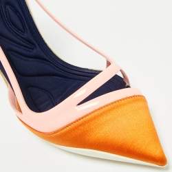 مملوكة مسبقًا حذاء كعب عالي ديور جلد لامع وساتان برتقالي ثنائي اللون كعب متقوس مقدمة مدببة مقاس 37.5 