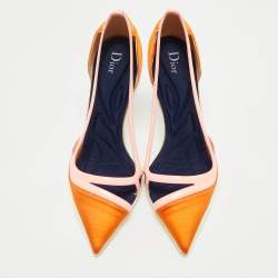 مملوكة مسبقًا حذاء كعب عالي ديور جلد لامع وساتان برتقالي ثنائي اللون كعب متقوس مقدمة مدببة مقاس 37.5 