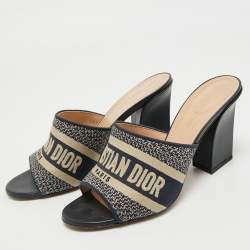 Pre Owned Dior Navy Blue Embroidered Canvas Dway Slide Sandals Size 38.5