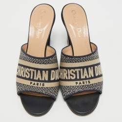 Pre Owned Dior Navy Blue Embroidered Canvas Dway Slide Sandals Size 38.5