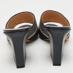 Pre Owned Dior Navy Blue Embroidered Canvas Dway Slide Sandals Size 38.5