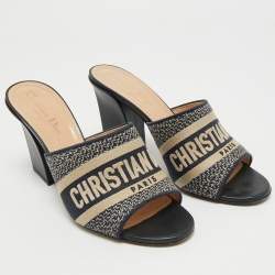 Pre Owned Dior Navy Blue Embroidered Canvas Dway Slide Sandals Size 38.5