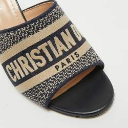 Pre Owned Dior Navy Blue Embroidered Canvas Dway Slide Sandals Size 38.5