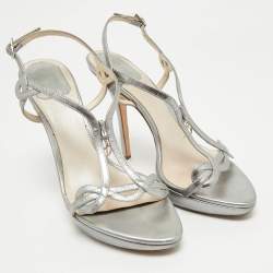 Pre Owned Dior Silver Leather Logo Slingback Sandals Size 39