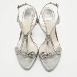 Pre Owned Dior Silver Leather Logo Slingback Sandals Size 39