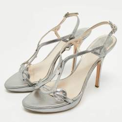 Pre Owned Dior Silver Leather Logo Slingback Sandals Size 39