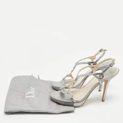 Pre Owned Dior Silver Leather Logo Slingback Sandals Size 39