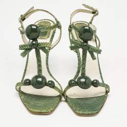 Pre Owned Dior Green Python Embossed Leather Ankle Strap Sandals Size 39.5