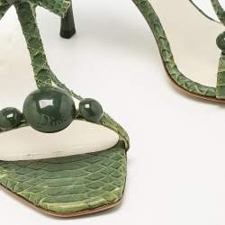 Pre Owned Dior Green Python Embossed Leather Ankle Strap Sandals Size 39.5