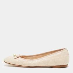 Pre Owned Dior Light Peach Cannage Leather Pearl Bow Ballet Flats Size 40