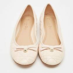 Pre Owned Dior Light Peach Cannage Leather Pearl Bow Ballet Flats Size 40