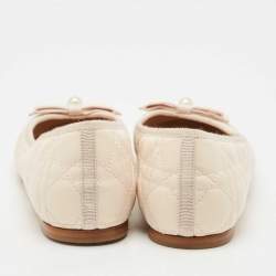 Pre Owned Dior Light Peach Cannage Leather Pearl Bow Ballet Flats Size 40