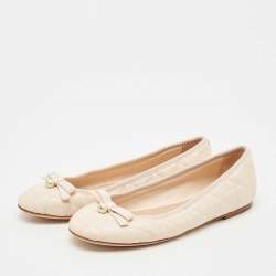 Pre Owned Dior Light Peach Cannage Leather Pearl Bow Ballet Flats Size 39.5