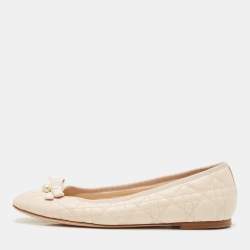 Pre Owned Dior Light Peach Cannage Leather Pearl Bow Ballet Flats Size 39.5