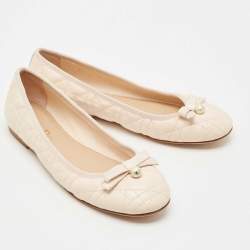 Pre Owned Dior Light Peach Cannage Leather Pearl Bow Ballet Flats Size 39.5