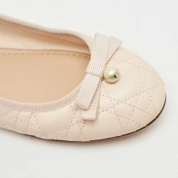 Pre Owned Dior Light Peach Cannage Leather Pearl Bow Ballet Flats Size 39.5