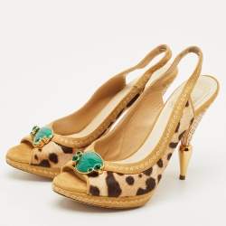 Pre Owned Dior Beige/Brown Calf Hair and Suede Peep Toe Slingback Pumps Size 40.5