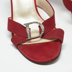 Pre Owned Dior Red Canvas D Crystal Embellished Detail Open Toe Sandals Size 38.5