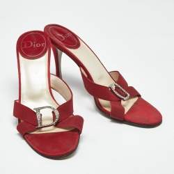 Pre Owned Dior Red Canvas D Crystal Embellished Detail Open Toe Sandals Size 38.5