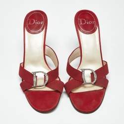Pre Owned Dior Red Canvas D Crystal Embellished Detail Open Toe Sandals Size 38.5